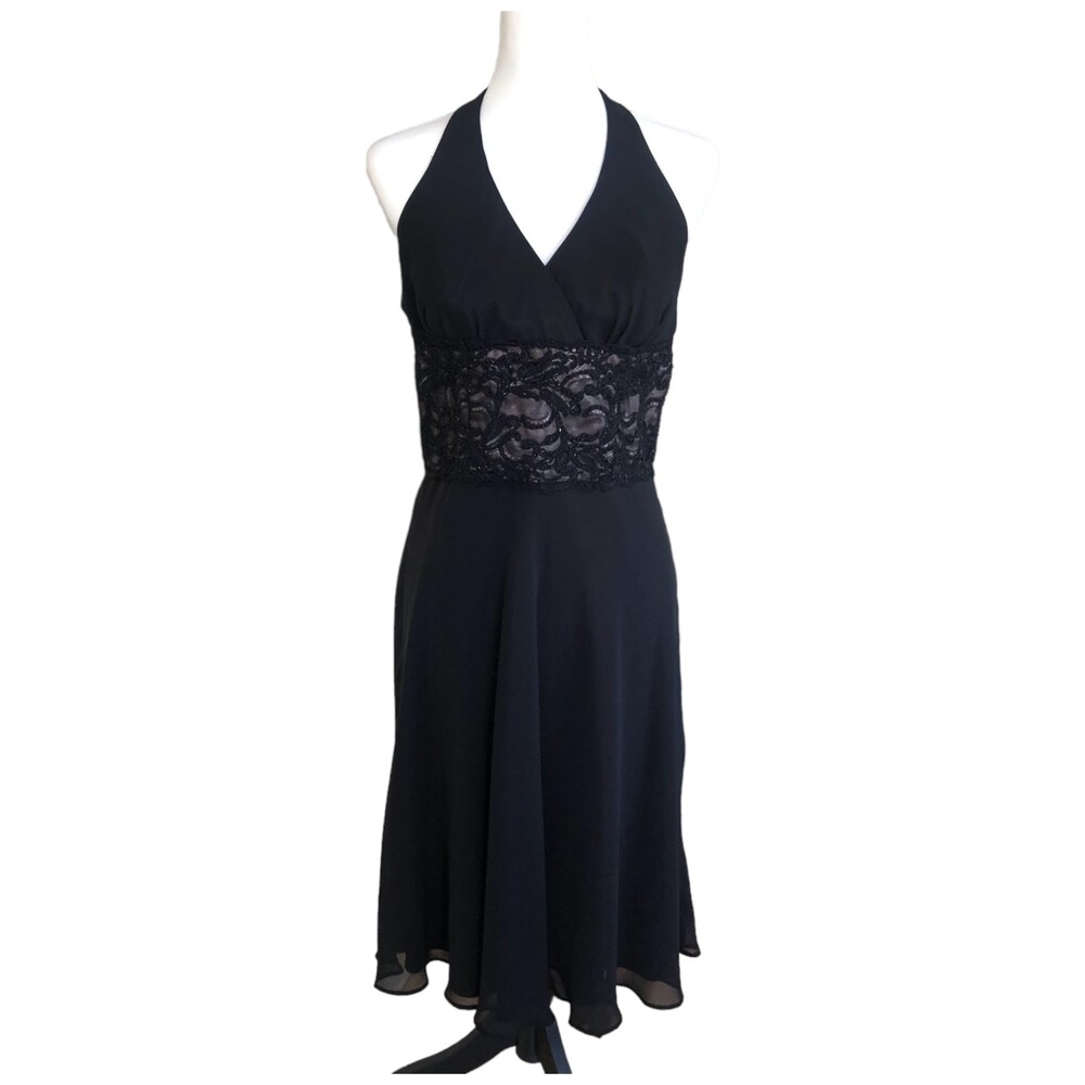 R&M Richards Black A-Line Vintage Halter Cocktail Chiffon Party Dress Size 10P